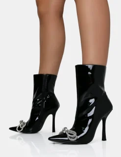 Public Desire Orla Patent Diamante Bow Pointed Toe Stiletto Ankle Boots Black Outlet