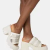 Public Desire Oslo Buckle Mule Platform Mid Heel Sandals Cream Outlet