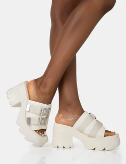 Public Desire Oslo Buckle Mule Platform Mid Heel Sandals Cream Outlet