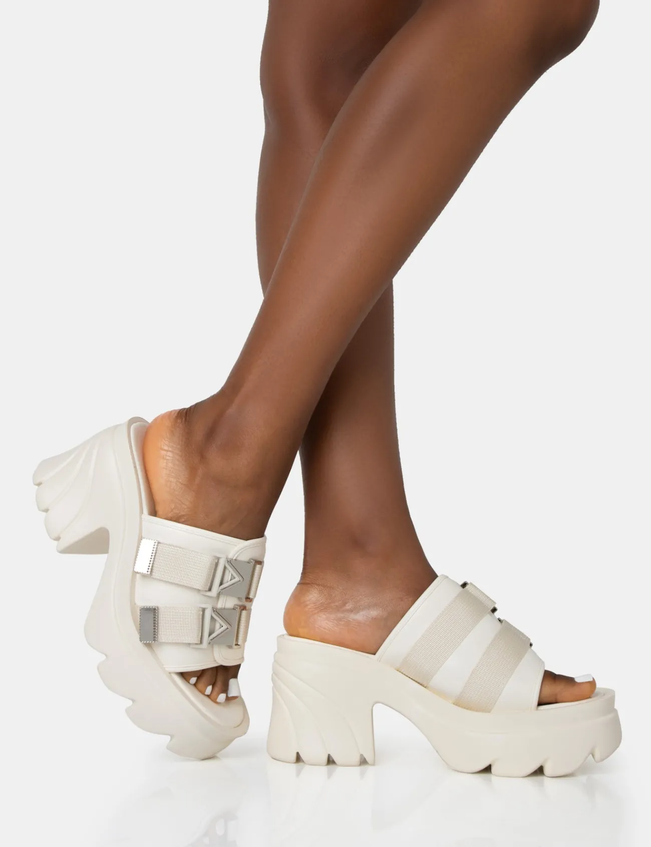 Public Desire Oslo Buckle Mule Platform Mid Heel Sandals Cream Outlet