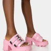 Public Desire Oslo Buckle Mule Platform Mid Heel Sandals Pink Store