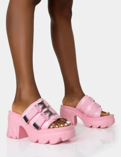 Public Desire Oslo Buckle Mule Platform Mid Heel Sandals Pink Store