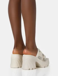 Public Desire Oslo Buckle Mule Platform Mid Heel Sandals Cream Outlet