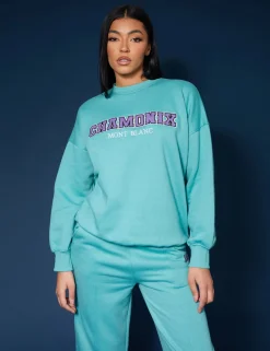 Public Desire Oversized Embroidered Slogan Sweatshirt Aqua Sale