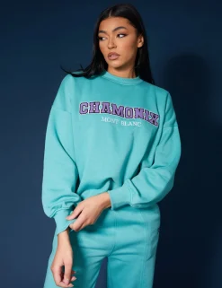 Public Desire Oversized Embroidered Slogan Sweatshirt Aqua Sale