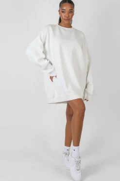 Public Desire Oversized Embroidered Tonal Sweatshirt Dress Ecru Outlet