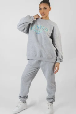Public Desire Oversized Fit Denver Print Seam Detail Joggers Grey New