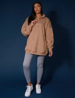 Public Desire Oversized Half Zip Pullover Sweat Dress Camel Sale