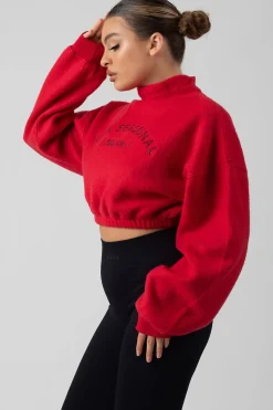 Public Desire Oversized High Neck Embroide Slogan Cropped Sweatshirt Red New