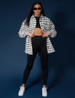Public Desire Oversized Houndstooth Shacket Grey Clearance