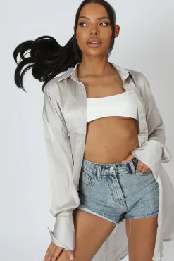 Public Desire Oversized Satin Shirt Silver Hot