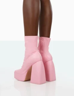Public Desire Own Thing Wide Fit Pu Chunky Square Toe Platform Heel Block Ankle Boots Pink Online