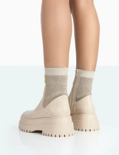 Public Desire Paloma Boucle Knit Platform Chunky Sole Sock Ankle Boots Nude Clearance