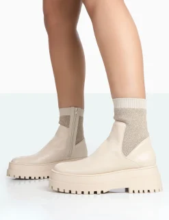 Public Desire Paloma Boucle Knit Platform Chunky Sole Sock Ankle Boots Nude Clearance