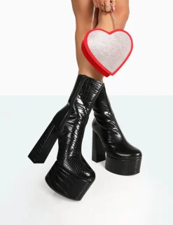 Public Desire Parker Patent Croc Platform Rounded Pointed Toe Block Heeled Ankle Boots Black Best