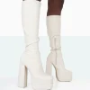 Public Desire Passive Pu Square Toe Platform Block High Heel Over The Knee Boots Ecru Outlet