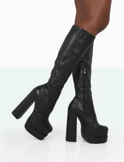 Public Desire Passive Wide Fit Pu Square Toe Platform Block High Heel Over The Knee Boots Black Flash Sale