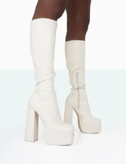 Public Desire Passive Wide Fit Pu Square Toe Platform Block High Heel Over The Knee Boots Ecru Flash Sale