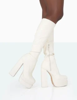 Public Desire Passive Wide Fit Pu Square Toe Platform Block High Heel Over The Knee Boots Ecru Flash Sale