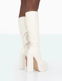 Public Desire Passive Wide Fit Pu Square Toe Platform Block High Heel Over The Knee Boots Ecru Flash Sale