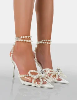 Public Desire Pearl Bow Clear Perspex Wrap Around Party Pointed Toe Stiletto Court Heels White Best Sale