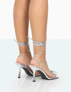 Public Desire Peony Silver Croc Pu Strappy Bow Square Toe Stiletto Heels Fashion