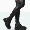 Public Desire Pheonixe Pu Chunky Sole Round Toe Over The Knee Boots Black Best
