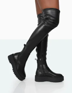 Public Desire Pheonixe Pu Chunky Sole Round Toe Over The Knee Boots Black Best
