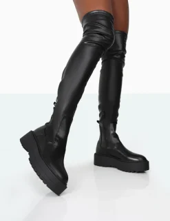 Public Desire Pheonixe Pu Chunky Sole Round Toe Over The Knee Boots Black Best