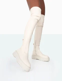 Public Desire Pheonixe Pu Chunky Sole Round Toe Over The Knee Boots Ecru Sale