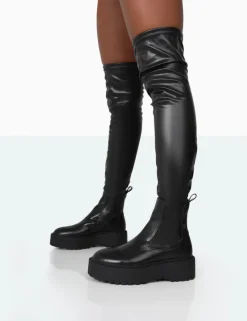 Public Desire Pheonixe Pu Chunky Sole Round Toe Over The Knee Boots Black Best