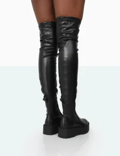 Public Desire Pheonixe Pu Chunky Sole Round Toe Over The Knee Boots Black Best