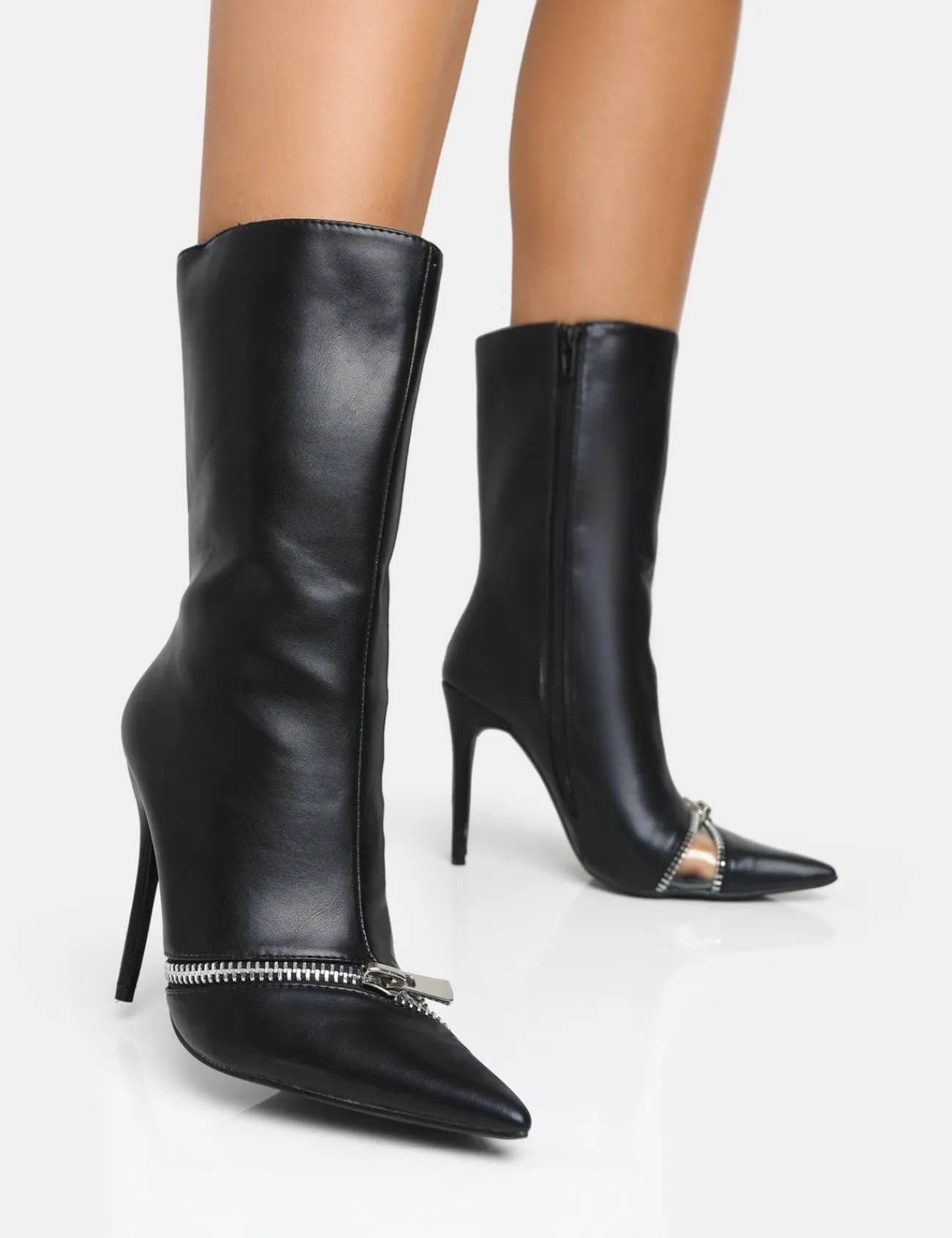 Public Desire Pitstop Pu Zip Detail Pointed Toe Stiletto Heel Ankle Boots Black Shop