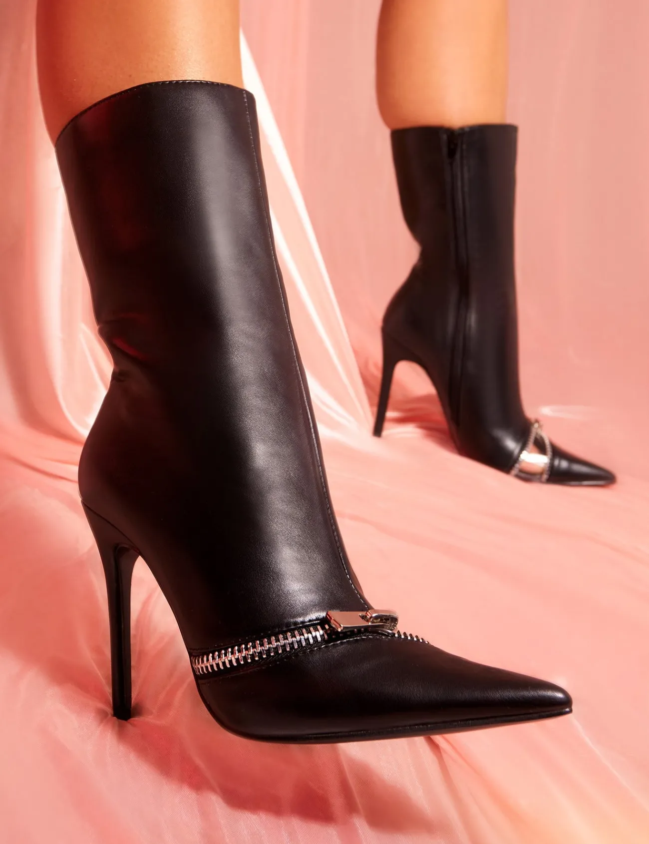 Public Desire Pitstop Pu Zip Detail Pointed Toe Stiletto Heel Ankle Boots Black Shop