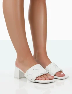 Public Desire Play Nice Pu Woven Square Toe Block Mid Heeled Sandals White Fashion