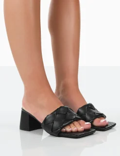 Public Desire Play Nice Pu Woven Square Toe Block Mid Heeled Sandals Black Best