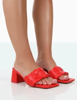 Public Desire Play Nice Pu Woven Square Toe Block Mid Heeled Sandals Red Hot