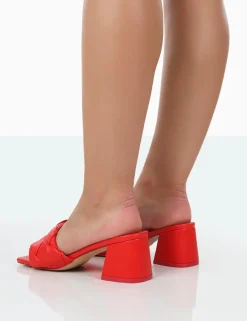 Public Desire Play Nice Pu Woven Square Toe Block Mid Heeled Sandals Red Hot
