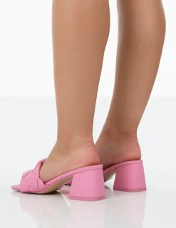 Public Desire Play Nice Pu Woven Square Toe Block Mid Heeled Sandals Pink New