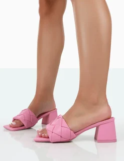 Public Desire Play Nice Pu Woven Square Toe Block Mid Heeled Sandals Pink New