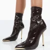 Public Desire Player Choc Patent Stiletto Heel Ankle Boots Brown Store