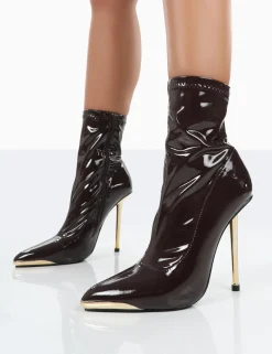 Public Desire Player Choc Patent Stiletto Heel Ankle Boots Brown Store