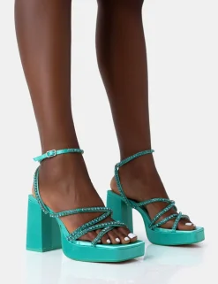 Public Desire Playout Satin Diamante Strappy Platform Square Toe Mid Block Heels Turquoise Best Sale