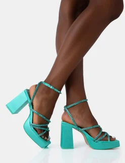 Public Desire Playout Satin Diamante Strappy Platform Square Toe Mid Block Heels Turquoise Best Sale