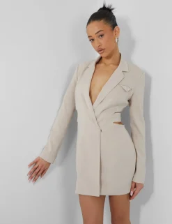 Public Desire Pocket Detail Cut Out Waist Tailored Blazer Dress Ecru Best Sale