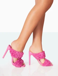 Public Desire Poodle Faux Fur Stiletto Mule Heels Pink Cheap