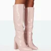 Public Desire Posie Baby Croc Pu Knee High Block Heel Boots Pink Store
