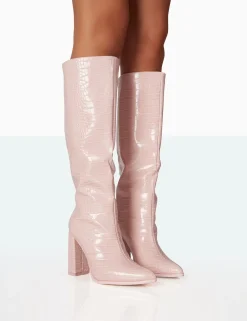 Public Desire Posie Baby Croc Pu Knee High Block Heel Boots Pink Store