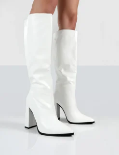 Public Desire Posie Pu Knee High Block Heel Boots White Discount