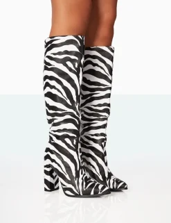 Public Desire Posie Pu Knee High Block Heel Boots Zebra Sale